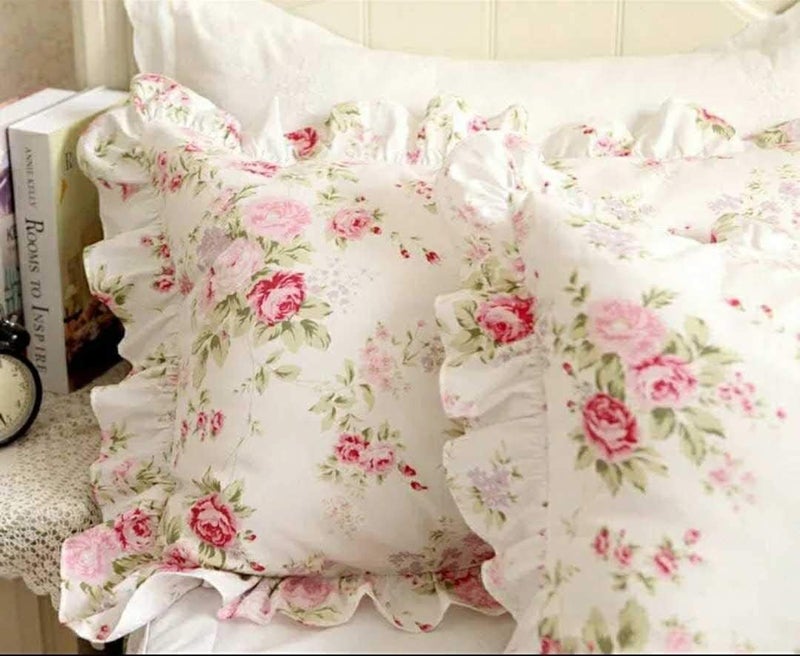 Kolachic Country Rose Roses Pink Floral Print Pillowcases Vintage Ruffles Bedding Pillow Covers Cotton Fabric Material Standard - Image 1